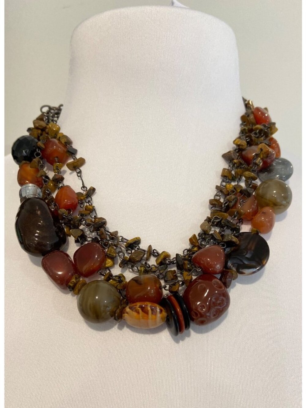 Multi Strand Statement Necklace Chunky Earth Tone Beaded Artisan Boho Bib Neckla